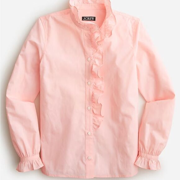J Crew Pink Long Sleeve 100% cotton Ruffle Cottage Top w split hem- 4- like new! - Picture 7 of 12